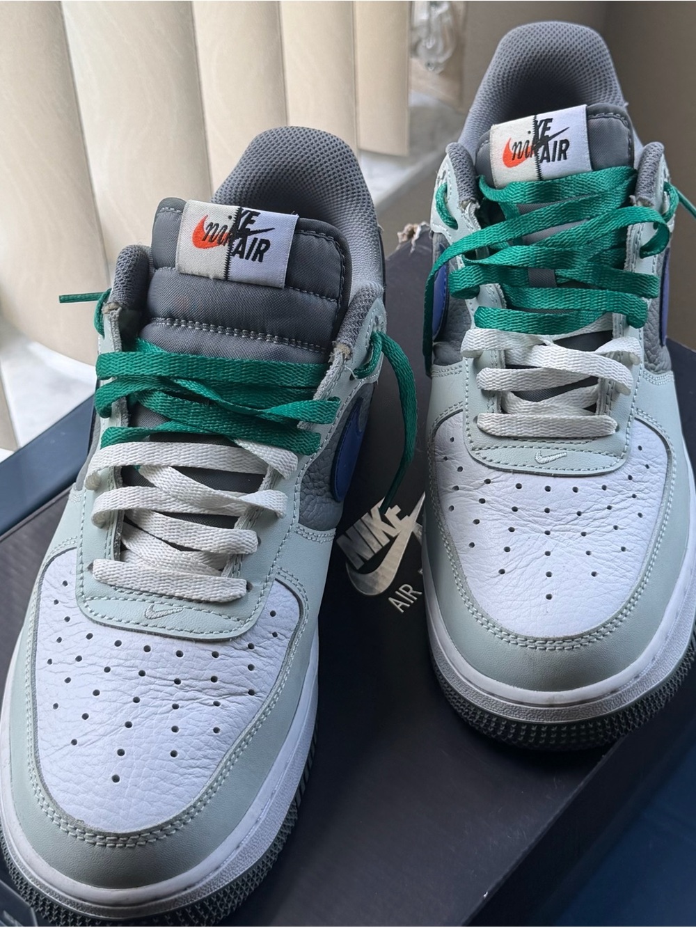 Nike Men’s Low-Top Sneakers in White, Light Gray, Green and Blue